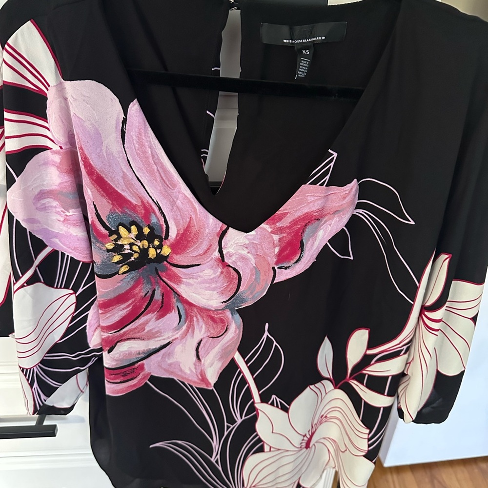 White House Black Market Black and Pink Floral Blouse